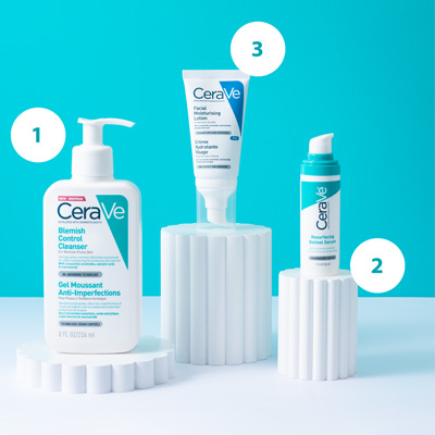 Blemish Control Cleanser, Facial Moisturising Lotion, and Resurfacing Retinol Serum on white podiums against turquoise background